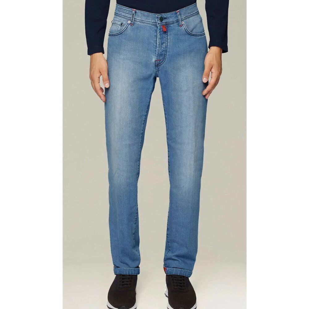 KITON Blue Lyocell Cotton Elastane Pants 5 Five Pocket Jeans Denim Button Fly Sl